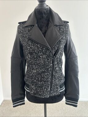BCBGMaxAzria Black Tweed & Leather Bomber Jacket